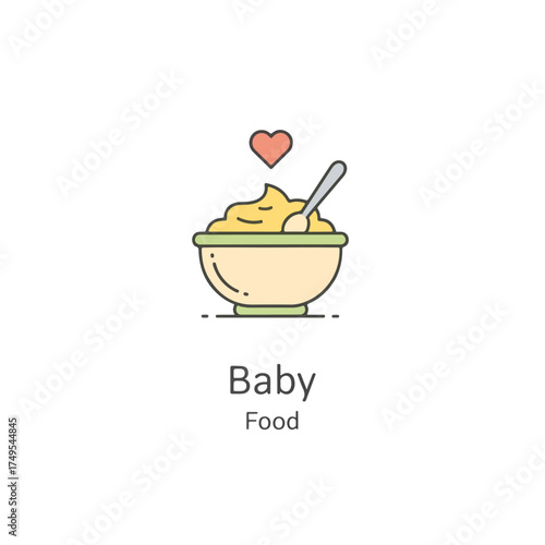 Illustration baby food in bowl with spoon and heart above. Sweet baby food idea for toddlers. Simple infant nourishment in a bowl, wholesome baby food concept for web and print.