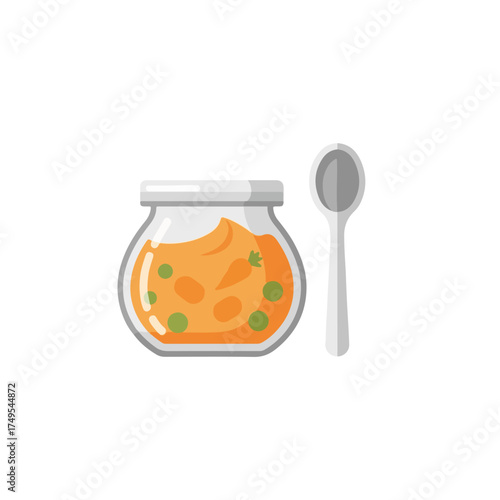 Appetizing baby food in jar with small spoon besides it, prepared meal containing nutritional puree in see through jar is ready to be served. Baby food is wholesome,