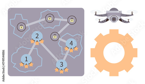 Game map with levels, stars, and locks connected by paths, a quadcopter, and gear. Ideal for strategy, navigation, gamification technology innovation progress achievement. A simple flat metaphor