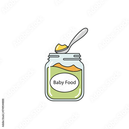 Baby food in glass jar with silver spoon containing baby food. Nutritious baby food on spoon for little child, nutritious and healthy product. Concept baby food, perfect for feeding hungry babies.