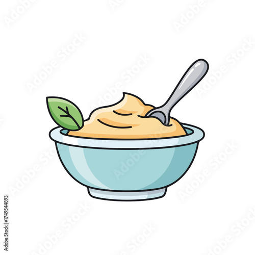 Creamy hummus in bowl with spoon and green leaf for healthy snack. Hummus dip served in bowl, garnished with a fresh leaf, is appetizing and nutrient filled. Enjoy the healthy hummus,