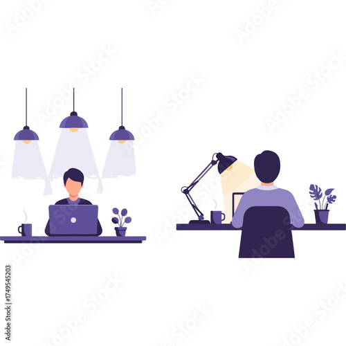 Man working on laptop at desk with desk lamp