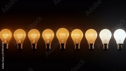 Realistic light bulbs in a row showing warm to cool white light gradient