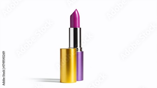 Realistic Lipstick Product Photography Magenta Color With Gold Cap On White Background