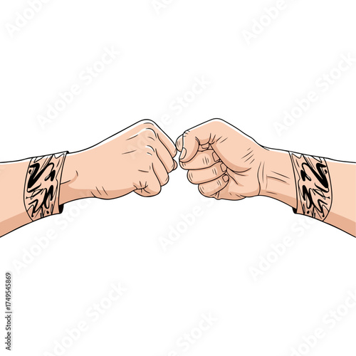 Illustration of two fists bumping, with tribal tattoos on wrists.