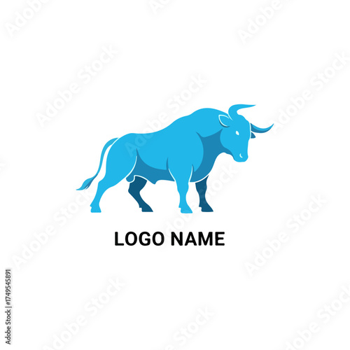 Illustration of a blue bull with a logo name below it.