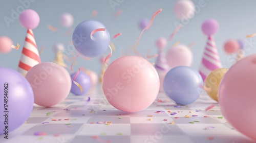 Wonder & Joy Lifestyle Pastel Balloons with Confetti and Party Hats. AI generative