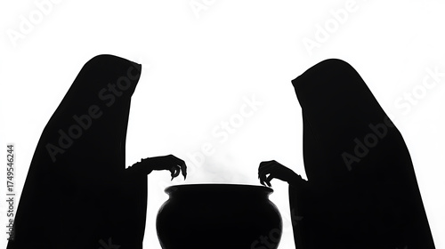 Witches brewing a potion. Dark hooded figures hover over a cauldron, fingers poised above the steaming contents. Halloween vibes.