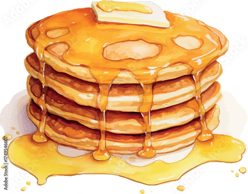 Cozy watercolor depiction of soft golden hotcakes topped with melting butter and dripping honey for breakfast - vector illustration