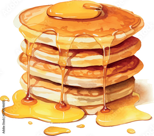 Tasty watercolor illustration of fluffy hotcakes drizzled with golden honey and butter in a cozy breakfast setting - vector illustration
