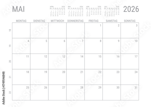 Mai 2026 Monat Kalender  Monatskalender Kalenderblatt Kalendarium mit Kalenderwoche Planer DIN A4 Deutsch	