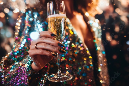 Person raising a glass of bubbly champagne at a festive party, wearing a sequined outfit with blurred lights in the background