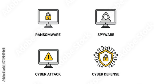 Vector illustration of cybersecurity threat icons set depicting ransomware, spyware, cyber attack, and cyber defense, modern flat vector illustration for digital security
