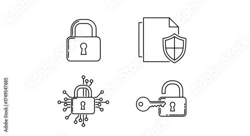Vector illustration of cyber security icons set collection of outline symbols related to data protection, encryption, and network safety measures
