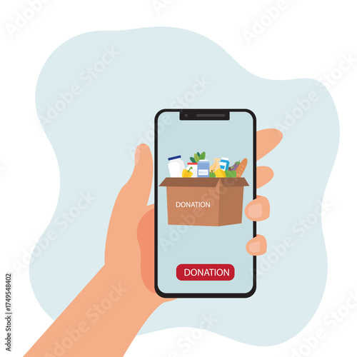 Hand holding smartphone with donation app. Concept for charity online service. Charity food donation box with full of food vector illustration.