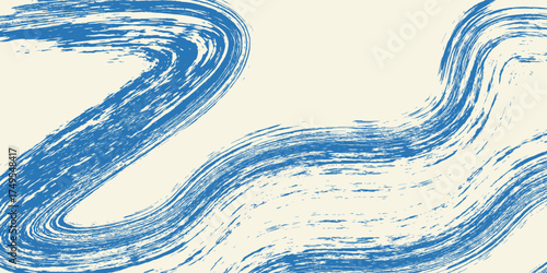 Grunge grainy blue brush stroke with spray texture. Hand drawn distress damaged vintage banner with zigzag bold line. Rough thick brush stroke texture. Spray paint effect vector background.