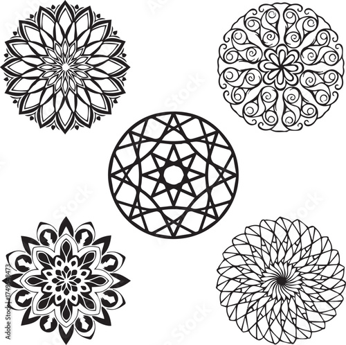 set of trending mandala design silhouette style pro vector on white back.