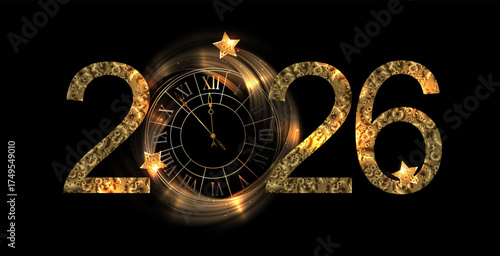 Merry Christmas. Isolated number 2026 with round gold color clock.