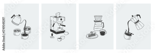 Hand drawn outline posters set of coffee break. Sketch doodle illustrations with cups, coffee maker and machine, coffee pot, cake. Vintage design for coffee house wall art, menu, cafes, print