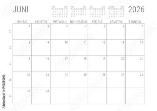Juni 2026 Monat Kalender Monatskalender Kalenderblatt Kalendarium mit Kalenderwoche Planer DIN A4 Deutsch	