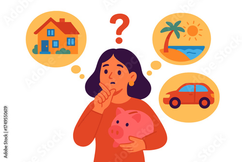 Woman holding piggy bank contemplating financial decisions for house, car, or vacation goals