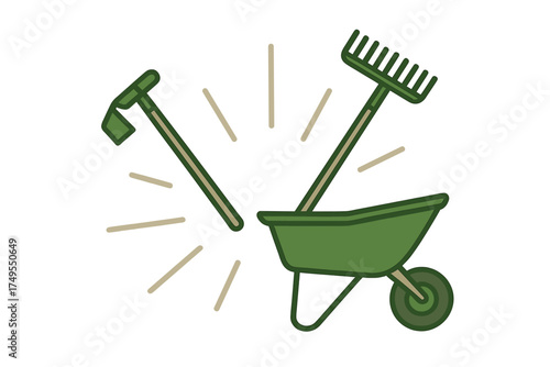 Wheelbarrow, garden rake, and hand hoe essential tools for spring planting and yard work