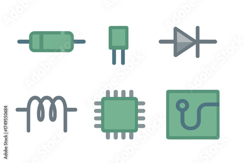 Flat design icons of fundamental electronic components resistor capacitor diode microchip