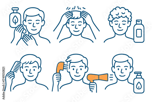 Daily hair care routine steps for men including washing, massaging, combing, and drying
