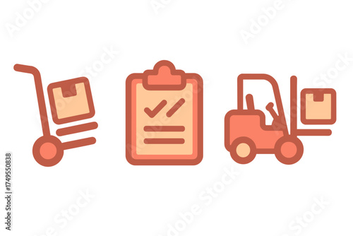 Shipping, delivery, and warehouse logistics icons set featuring hand truck, checklist, and forklift symbols