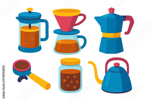 Colorful collection of coffee brewing equipment including French press Moka pot and pour-over dripper