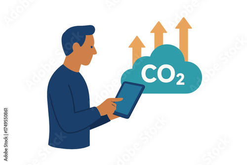 Man using tablet to monitor rising carbon dioxide emissions and global warming data
