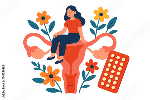 Woman sitting on a large uterus surrounded by flowers and a blister pack of contraceptive pills