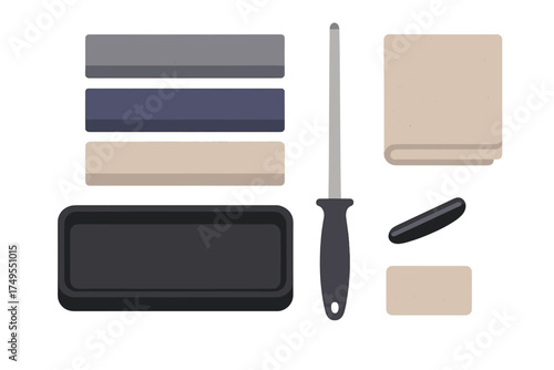 Set of whetstones, sharpening stone holder, and honing steel for kitchen knives