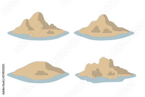 Four stylized desert islands surrounded by blue water isolated on a white background