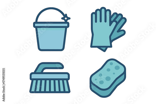 Essential household cleaning tools including bucket gloves brush and sponge