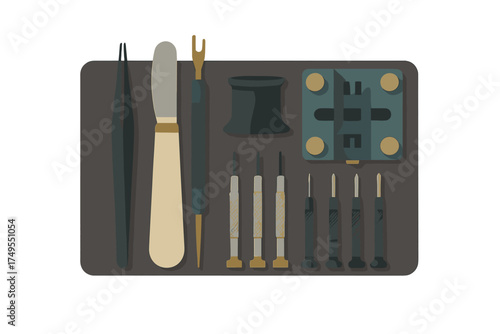 Professional watch repair kit featuring precision screwdrivers, tweezers, and specialized tools