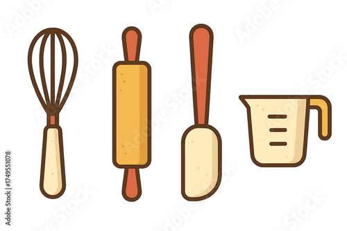 Collection of essential baking tools including a whisk, rolling pin, spatula, and measuring cup