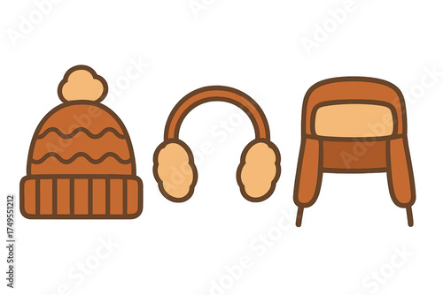 Set of warm winter headwear including knit beanie, earmuffs, and trapper hat