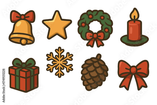 Set of eight essential Christmas and winter holiday symbols: bell, star, wreath, candle, gift, snowflake, pine cone