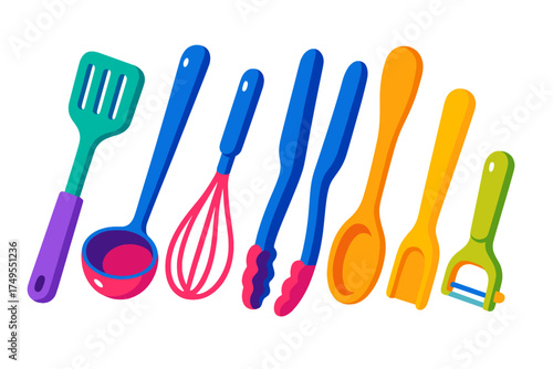 Brightly colored collection of essential kitchen cooking and serving utensils including spatula, ladle, whisk, and peeler
