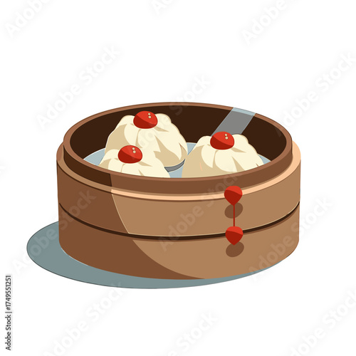 Three delicious dumplings in wooden steamer basket, isolated on white. These delicate dumplings are topped with a cherry, fresh and ready to eat.