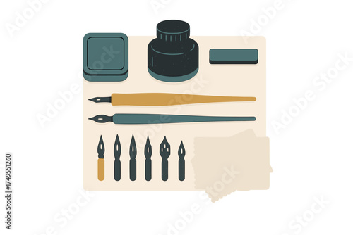 Calligraphy writing instruments collection featuring ink bottle, wooden pen holders, metal nibs, and blank paper
