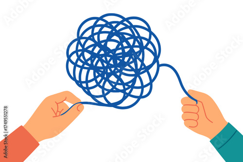 Two hands holding a complex tangled ball of blue thread symbolizing confusion and problem solving
