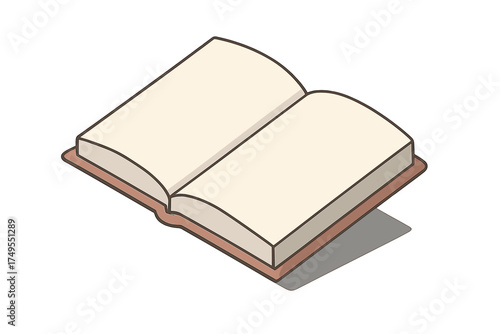 Open blank book with empty pages and brown cover rendered in isometric view on white background