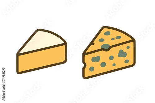Two triangular cheese wedges, one creamy slice and one blue cheese piece with mold spots