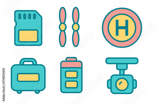 Set of drone accessories icons including memory card, propellers, battery, landing pad, case, and camera gimbal equipment