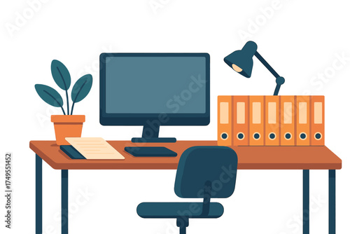 Modern home office workspace with computer monitor ergonomic chair and storage files