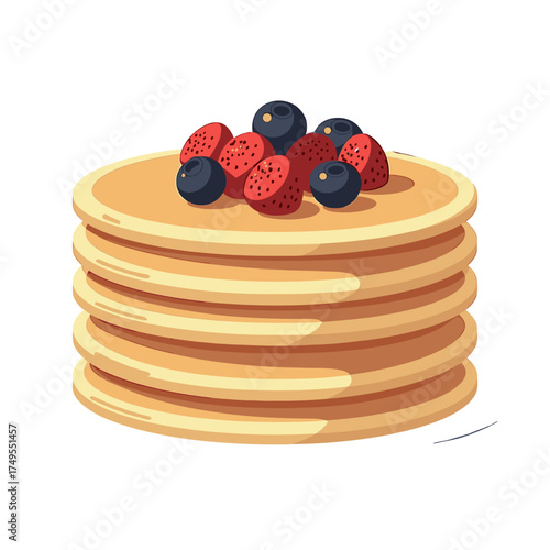Stack of pancakes topped with fresh berries, stack of pancakes presents delicious breakfast treat on white background, complete with juicy strawberries and blueberries.