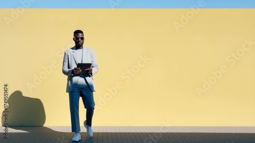 modern businessman standing confidently against pale yellow wall holding tablet