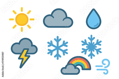Essential meteorological symbols set for daily weather forecasting and user interfaces